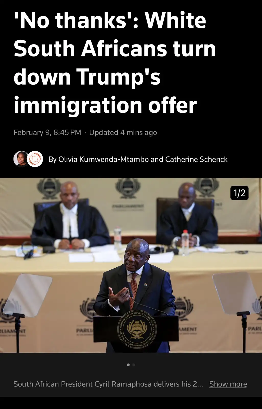 A screenshot of a news article header showing a photo of South African President Cyril Ramaphosa speaking at a podium in a…
