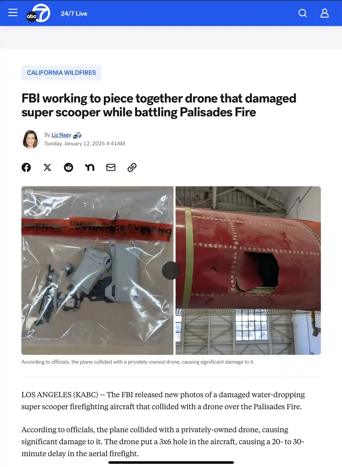 The image shows a news article about an FBI investigation into a drone collision with a firefighting aircraft. One photo…