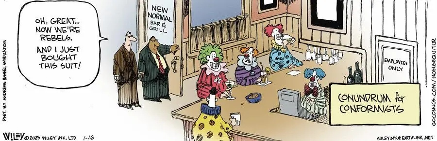 In a cartoon bar scene, two men in suits stand at the entrance of a place labeled 'NEW NORMAL BAR & GRILL'. One man gestures…