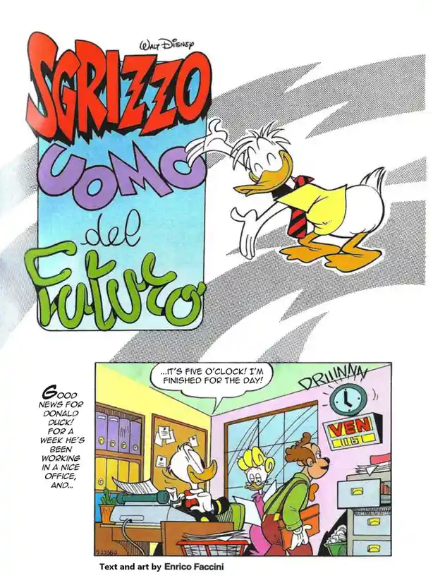 A comic panel shows Donald Duck in an office, exclaiming joyfully that it's five o'clock and he's finished for the day, as…