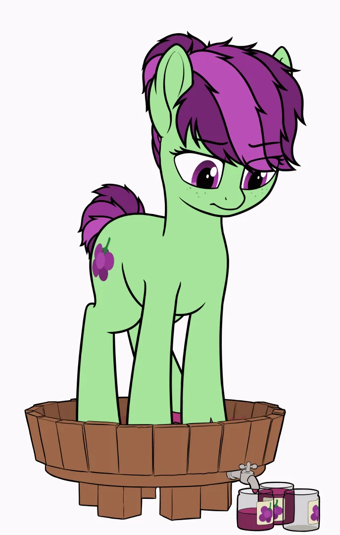 A six-panel image shows a green pony with purple hair standing in a wooden tub, progressively getting more paint on its body…