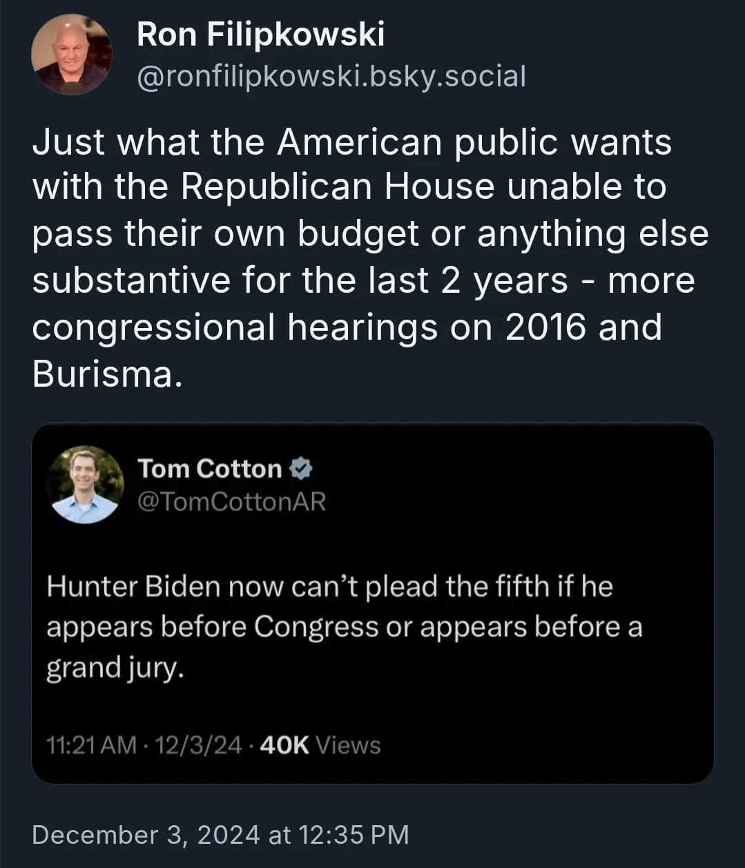 A screenshot of a social media post by Ron Filipkowski criticizing the Republican House for inaction, overlaid with a quote…