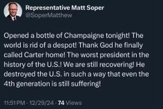 A screenshot of a tweet from Representative Matt Soper shows him celebrating the death of former President Jimmy Carter…