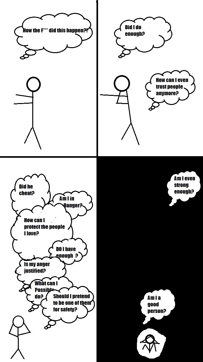 A four-panel comic strip featuring a stick figure in each panel, progressively overwhelmed by thought bubbles filled with…