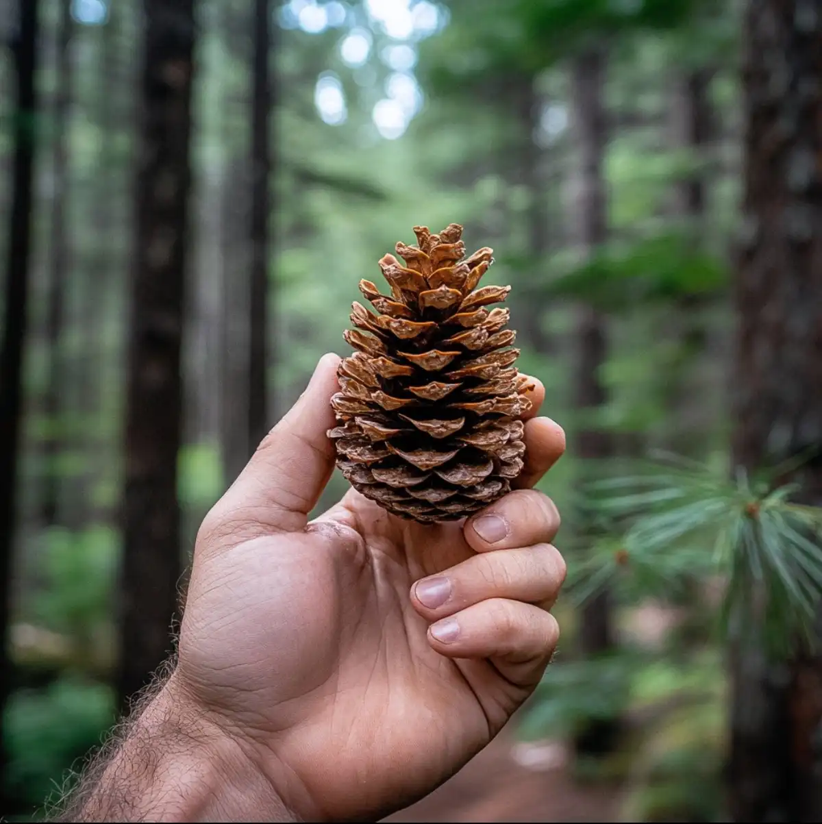 a hand holds a brown pinecone in the center of the frame against a blurred forest background with tree trunks and green…