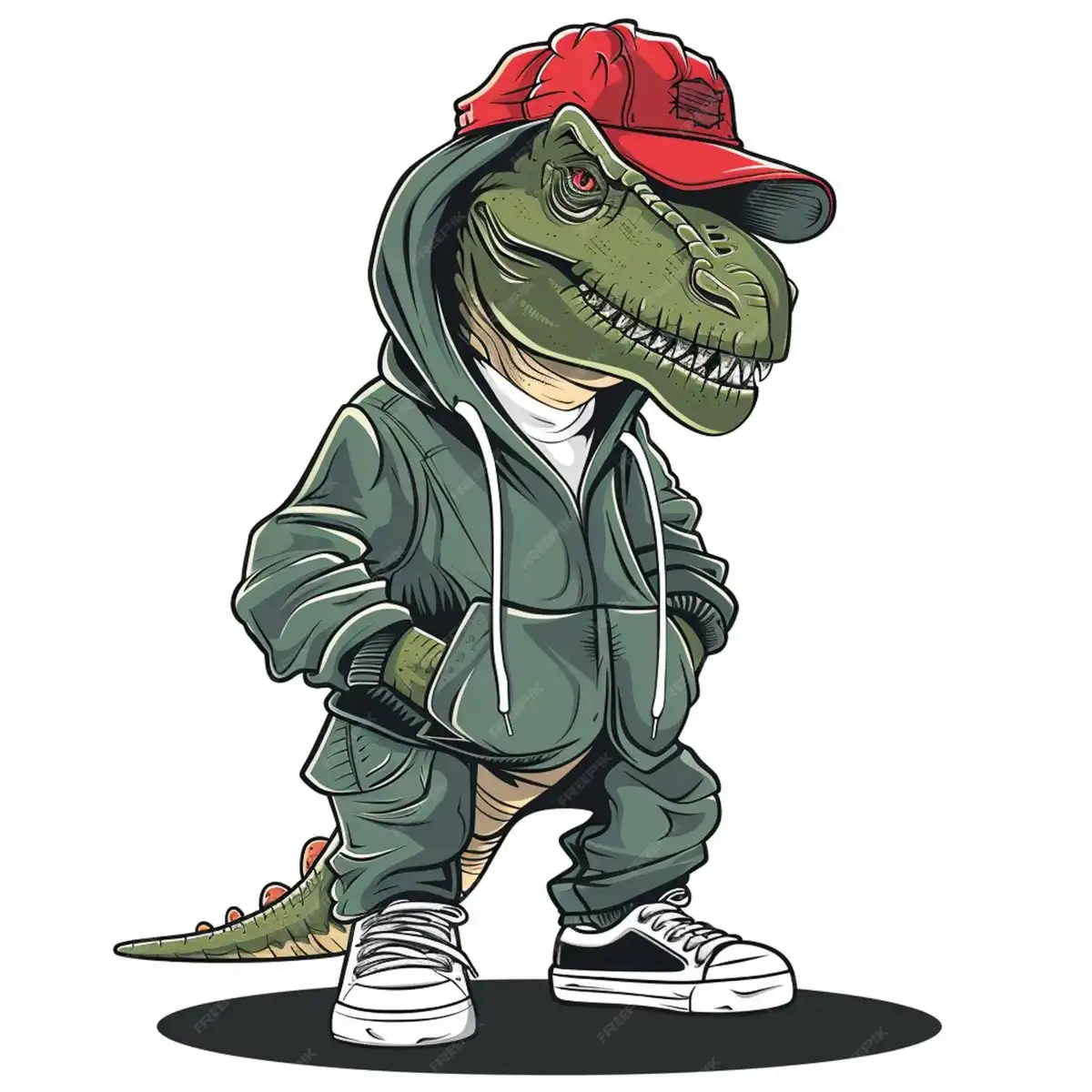 A cartoon illustration of a green Tyrannosaurus Rex wearing a red baseball cap, a green hoodie with white drawstrings, loose…