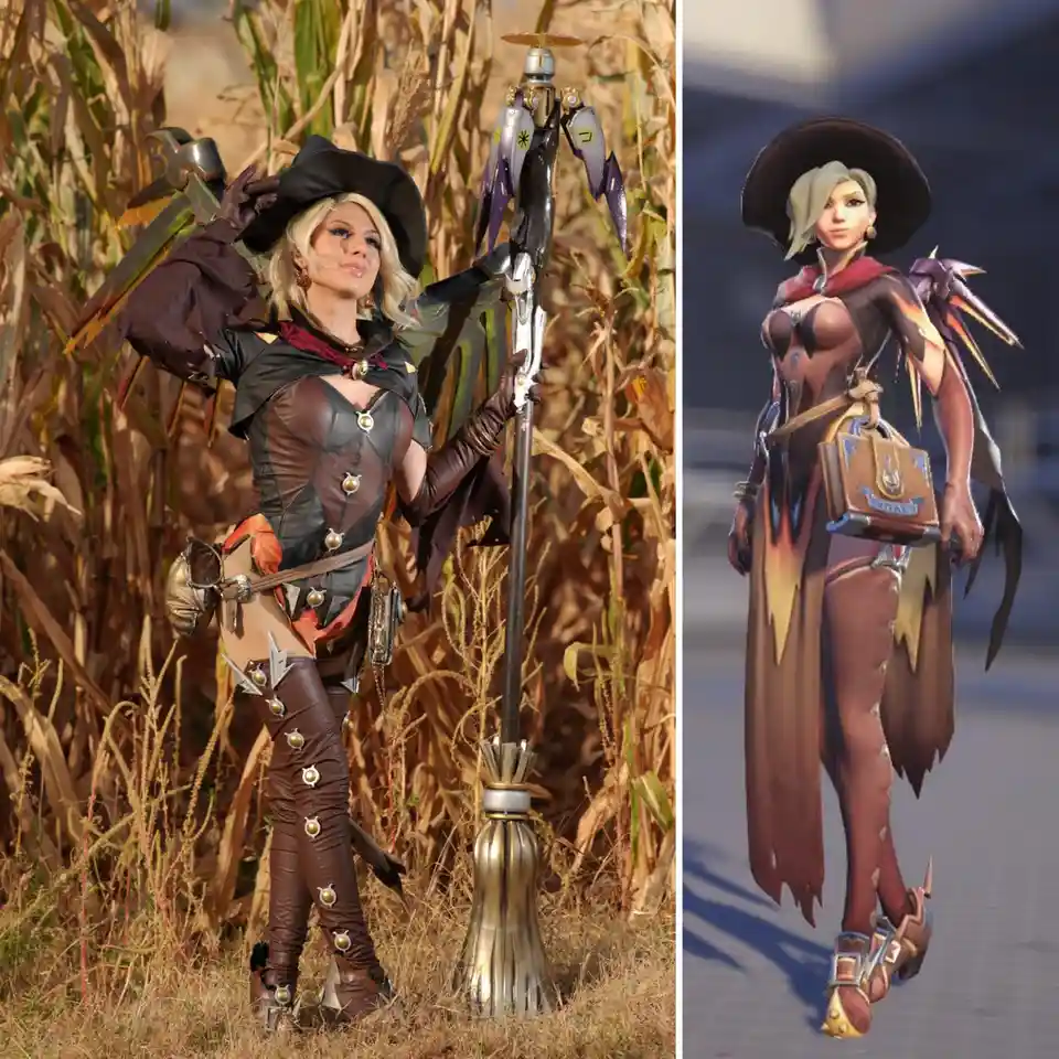 A side-by-side image shows a person in a detailed cosplay of the video game character Sombra from Overwatch, standing in a…