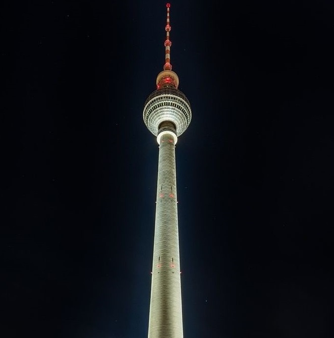 A low-angle nighttime photograph of the Berlin TV Tower, illuminated against a dark sky, with the overlaid text 'i'm not a…