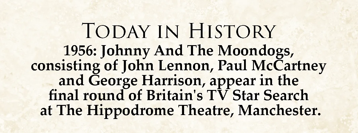 The image displays a beige parchment-style background with black serif text. The text reads 'TODAY IN HISTORY' followed by a…