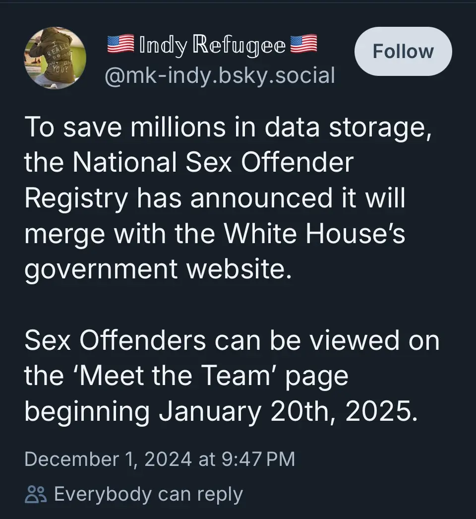 A screenshot of a social media post from 'Indy Refugee' with a dark background and white text. The post humorously claims…