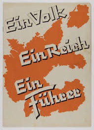 A vintage propaganda poster featuring a stylized orange map of Germany overlaid with the German text 'Ein Volk. Ein Reich…