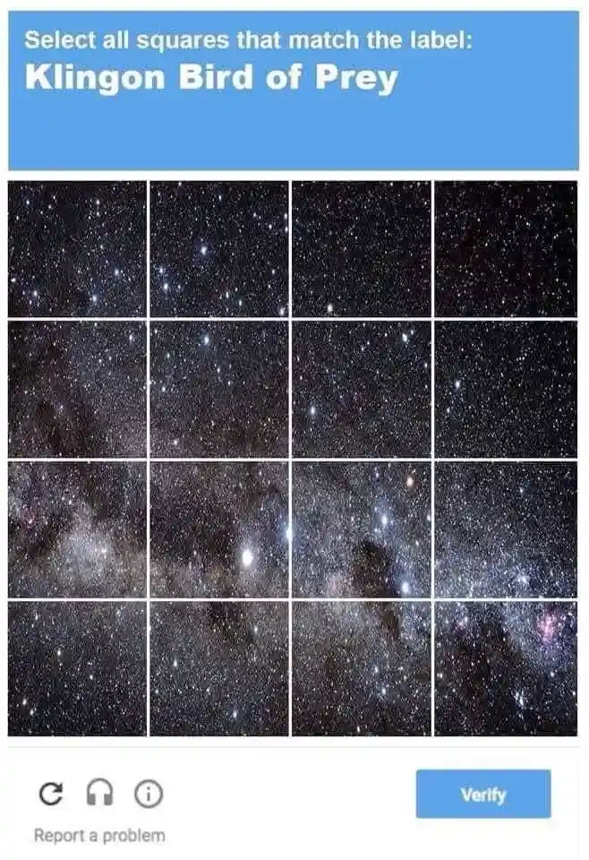 An image mimicking a CAPTCHA challenge shows a grid of 16 starfield photos, asking users to select all squares matching the…