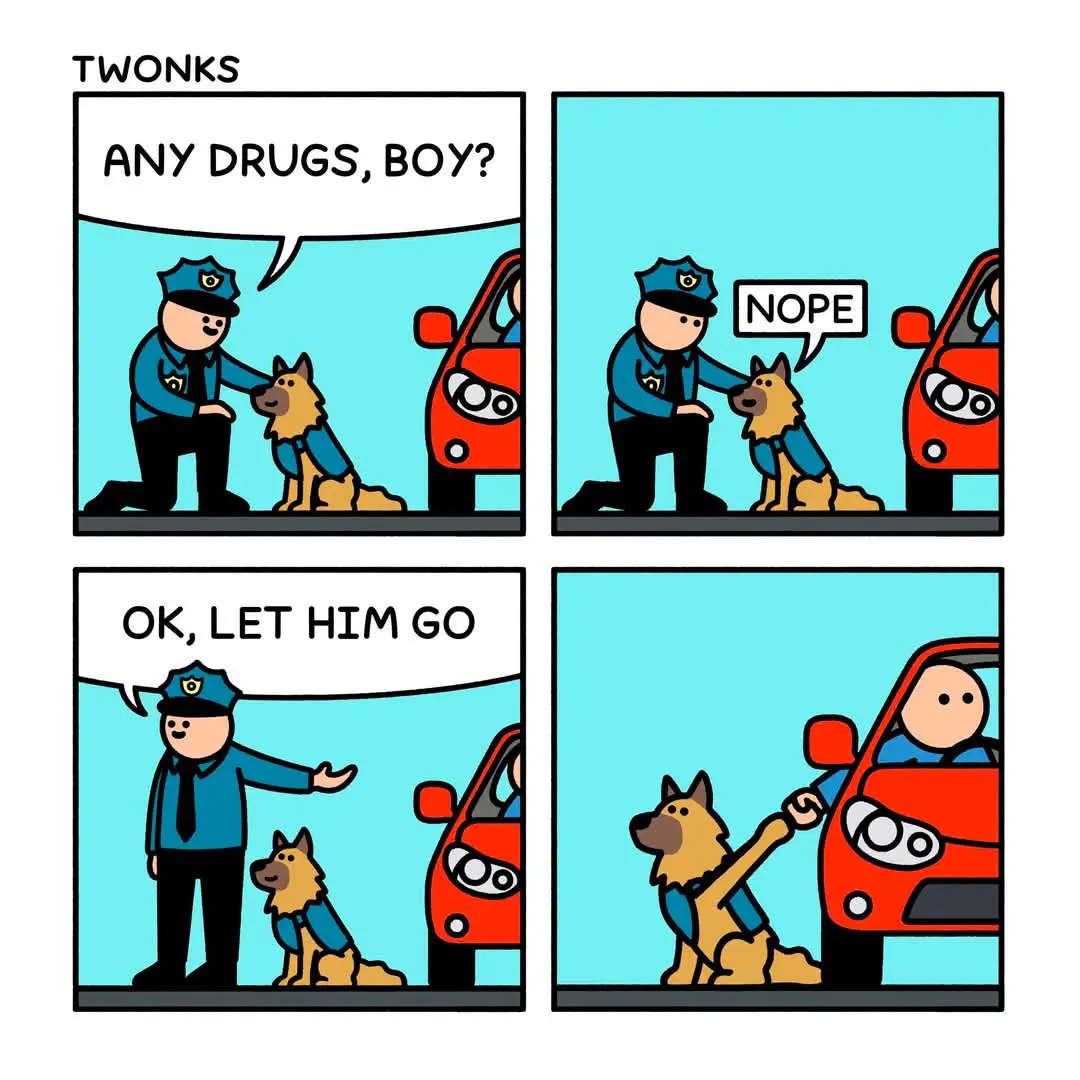 A four-panel comic strip titled 'TWONKS' shows a police officer with a drug-sniffing dog conducting a vehicle search. The…