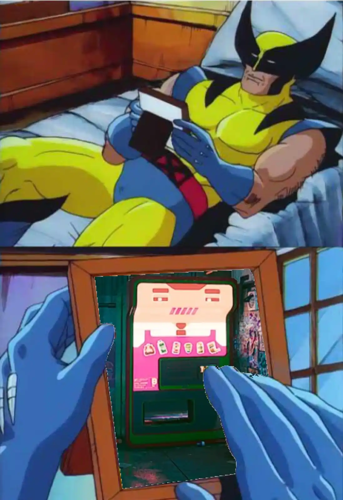 The image shows Wolverine in his classic yellow and blue costume, lying in bed and looking at a small card or device. The…