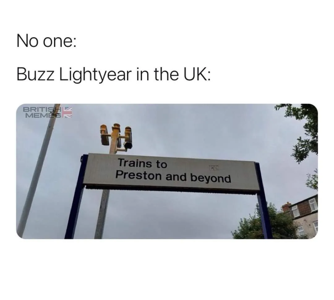 An image of a train station sign reading 'Trains to Preston and beyond' under an overcast sky, with a watermark 'BRITISH…
