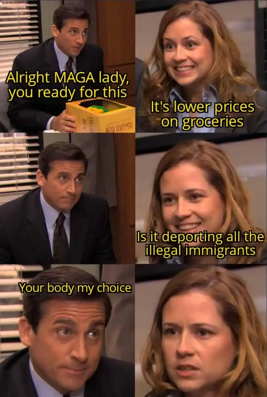 A six-panel meme using scenes from The Office, featuring Jim Halpert and Pam Beesly. Jim holds a box of rum and asks a 'MAGA…