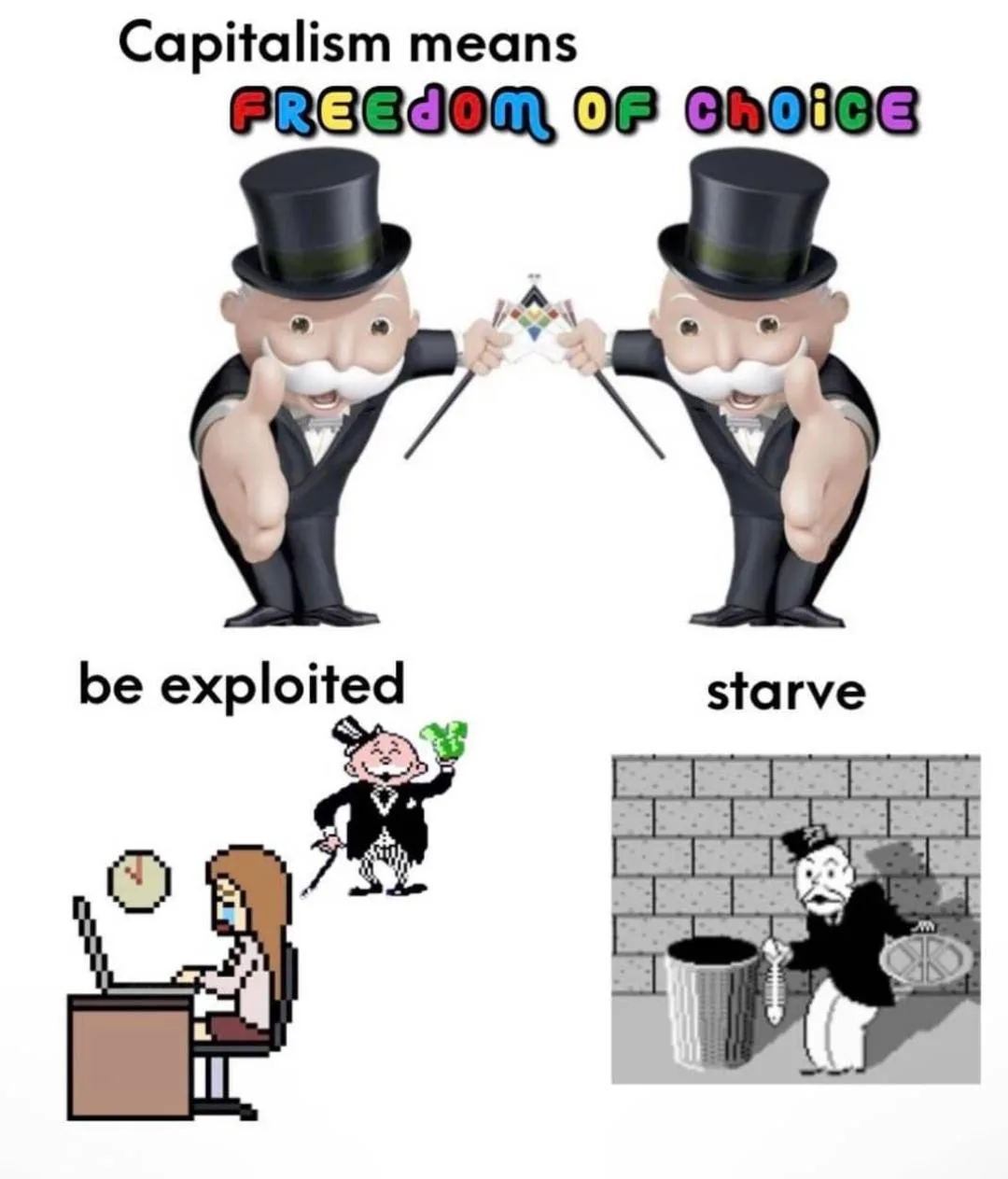 Two cartoon Monopoly men in top hats hold up a magic wand, with text above reading 'Capitalism means FREEDOM OF CHOICE'…