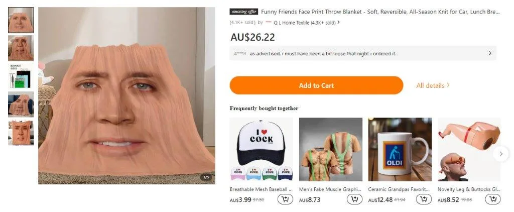 An e-commerce product page for a 'Funny Friends Face Print Throw Blanket' shows a close-up of a pink, textured blanket…