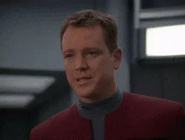 A six-panel image sequence shows actor Robert Duncan McNeill as the Starfleet officer Tom Paris from Star Trek: Voyager. He…