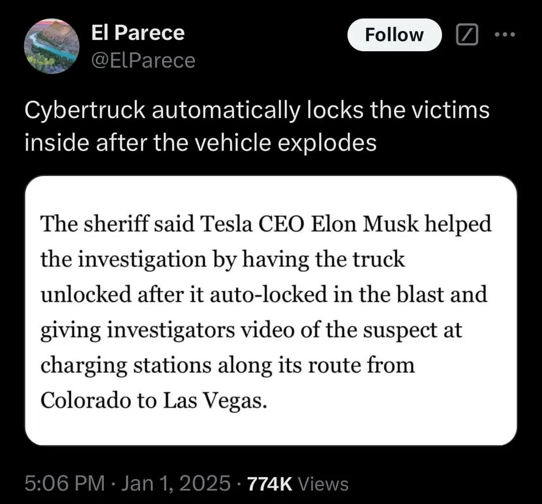 A screenshot of a Twitter post by 'El Parece' showing a fabricated news quote claiming Elon Musk helped investigators by…
