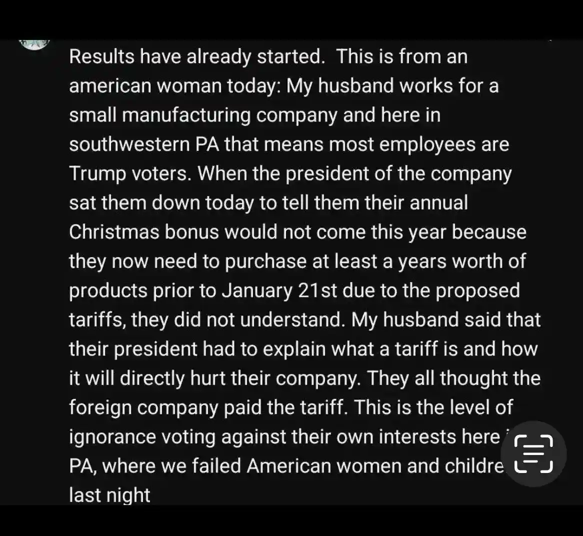 A black-background image displays a long white text block, which is a social media post from an American woman describing…