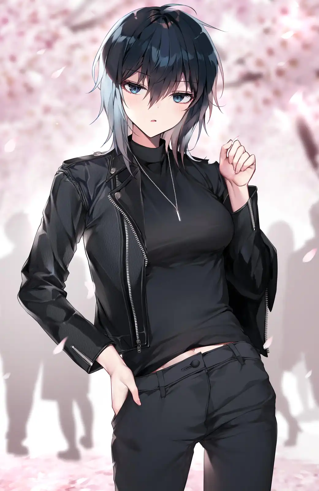 An anime-style illustration of a young woman with dark hair and blue eyes, wearing a black leather jacket over a black…