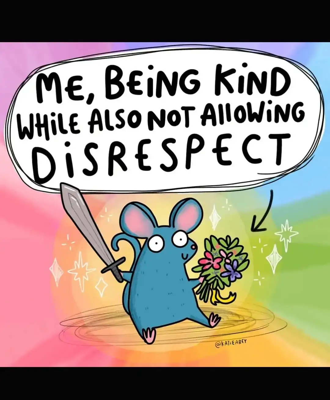 A cartoon blue mouse holds a bouquet of flowers in one hand and a sword in the other, standing on a glowing platform against…