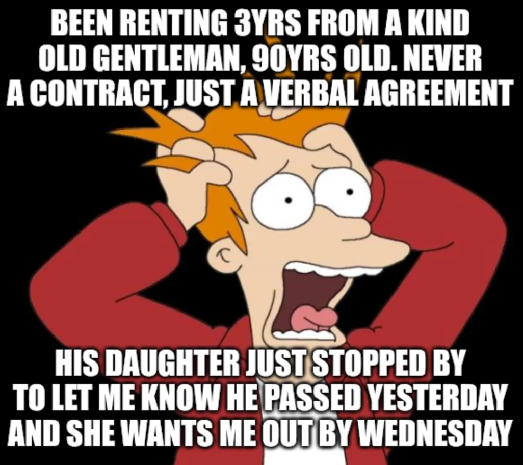 The image shows the animated character Fry from Futurama with a shocked, panicked expression, hands clutching his head. The…