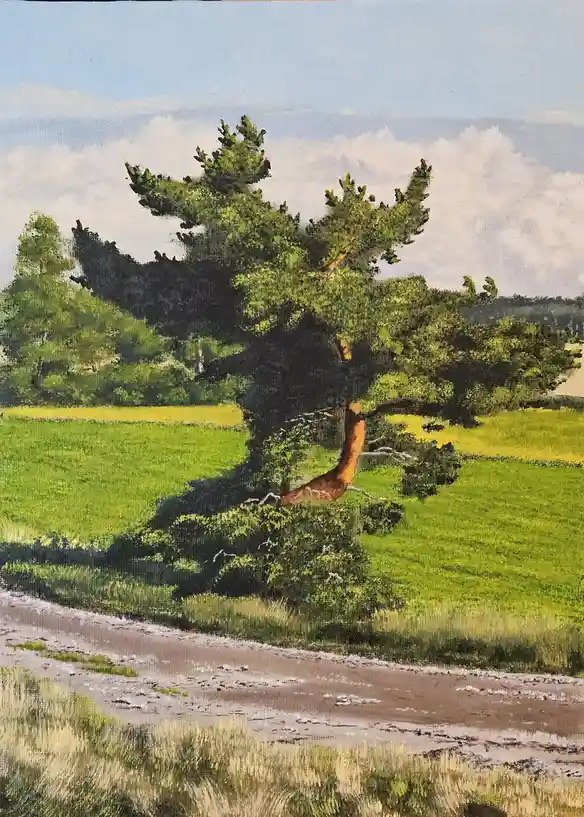A painting of a large, windswept pine tree in a green field under a cloudy sky, with a dirt road in the foreground. The…