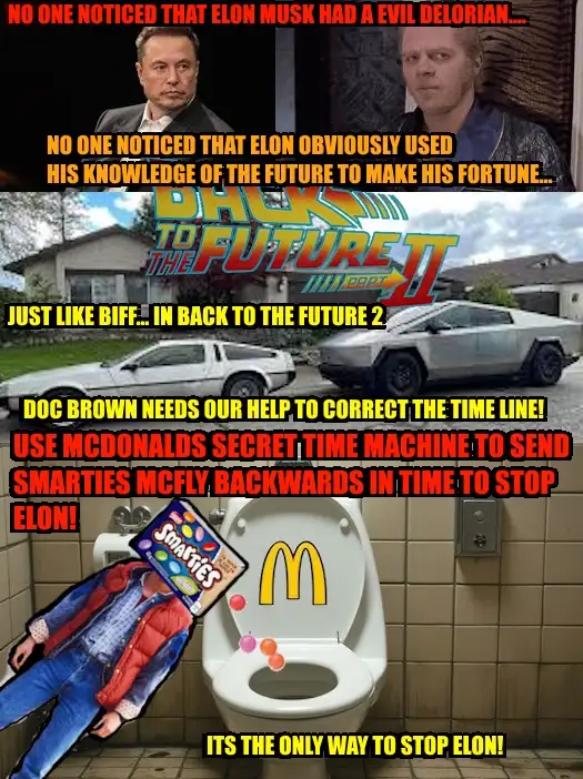 The image is a collage featuring Elon Musk and a character resembling Biff from Back to the Future 2. It shows two DeLorean…