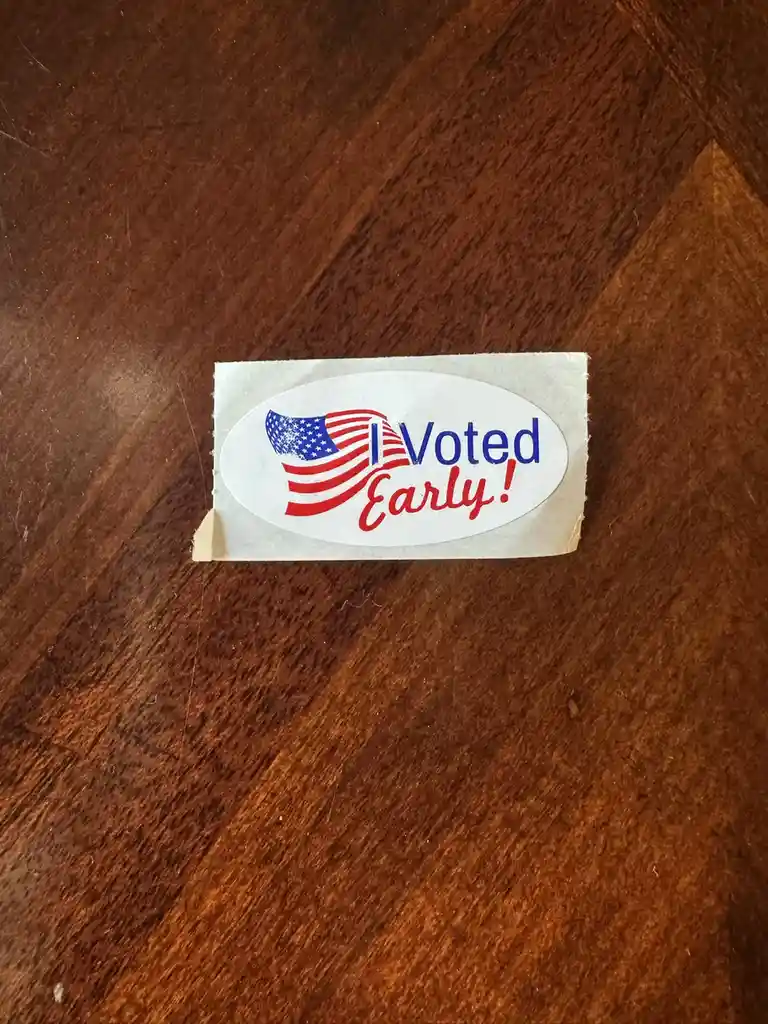 A close-up photo shows a white oval sticker with an American flag design and the text 'I Voted Early!' in blue and red…
