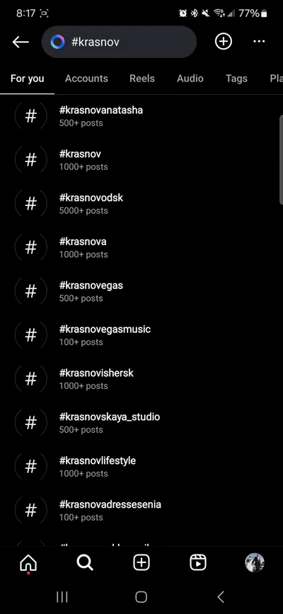 Three side-by-side screenshots of an Instagram hashtag search for '#krasnov', showing the results page with various related…
