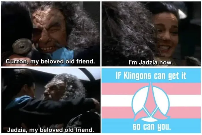 A four-panel meme using Star Trek: Deep Space Nine scenes where a Klingon character embraces a human character, then later…