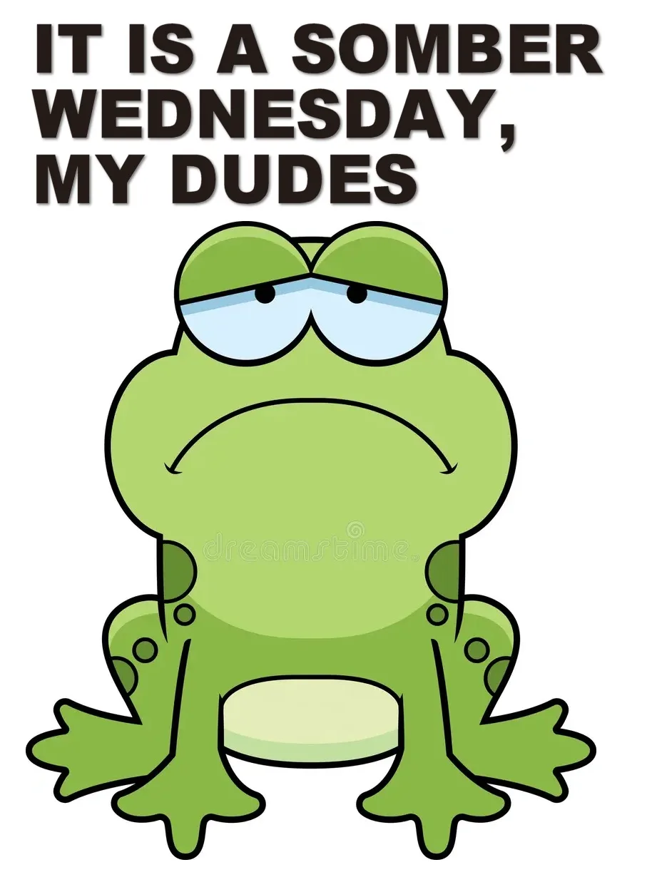 A cartoon green frog with droopy, sad eyes and a downturned mouth sits against a white background. Above the frog, bold…