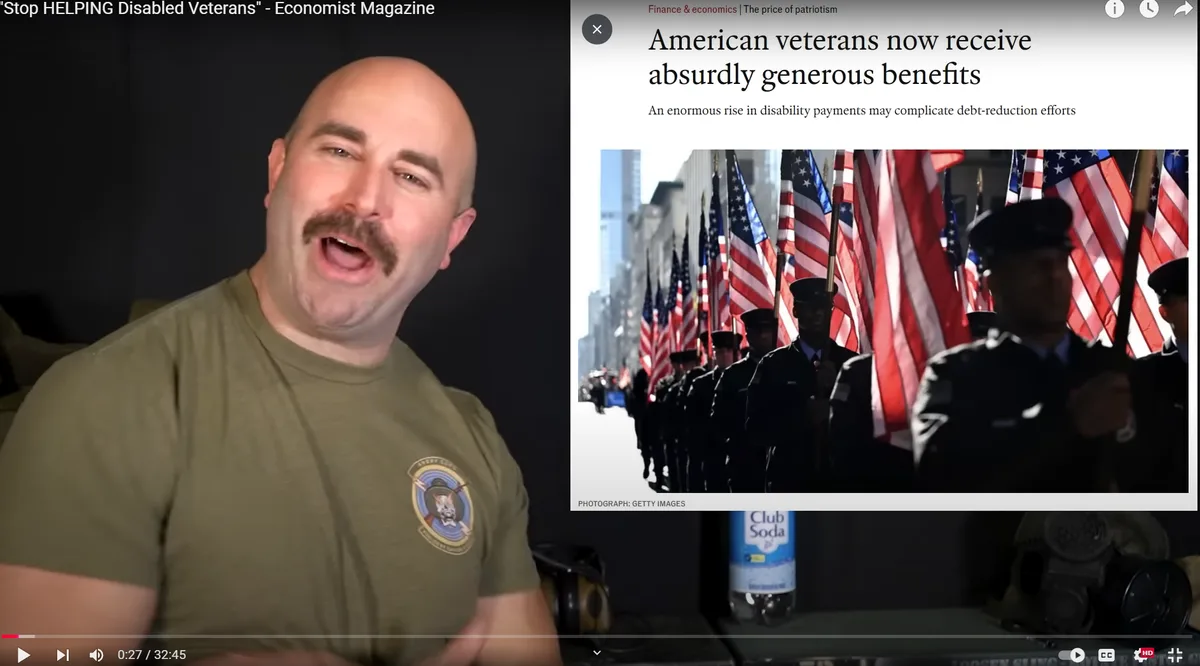 A man with a mustache in an olive t-shirt reacts with exaggerated shock while a news article titled 'American veterans now…
