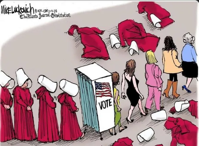 A political cartoon depicts women in red robes and white bonnets, resembling characters from 'The Handmaid's Tale,' standing…