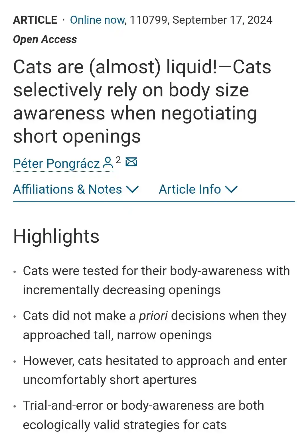 A screenshot of a scientific article titled 'Cats are (almost) liquid!—Cats selectively rely on body size awareness when…