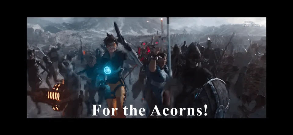 Three panels show different groups of fantasy or sci-fi warriors in battle scenes, each with the text 'For the Acorns!' or…