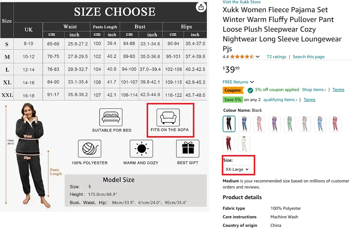 An e-commerce product page for a women's fleece pajama set shows a size chart and model wearing the outfit. A red box…