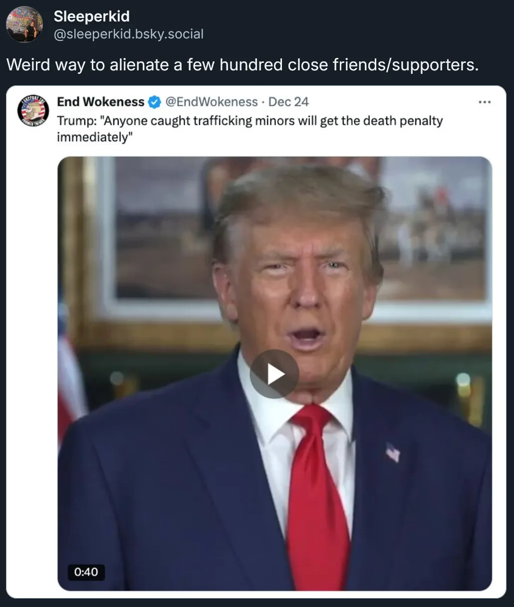 A screenshot of a social media post showing a video thumbnail of Donald Trump speaking, wearing a dark suit and red tie. The…