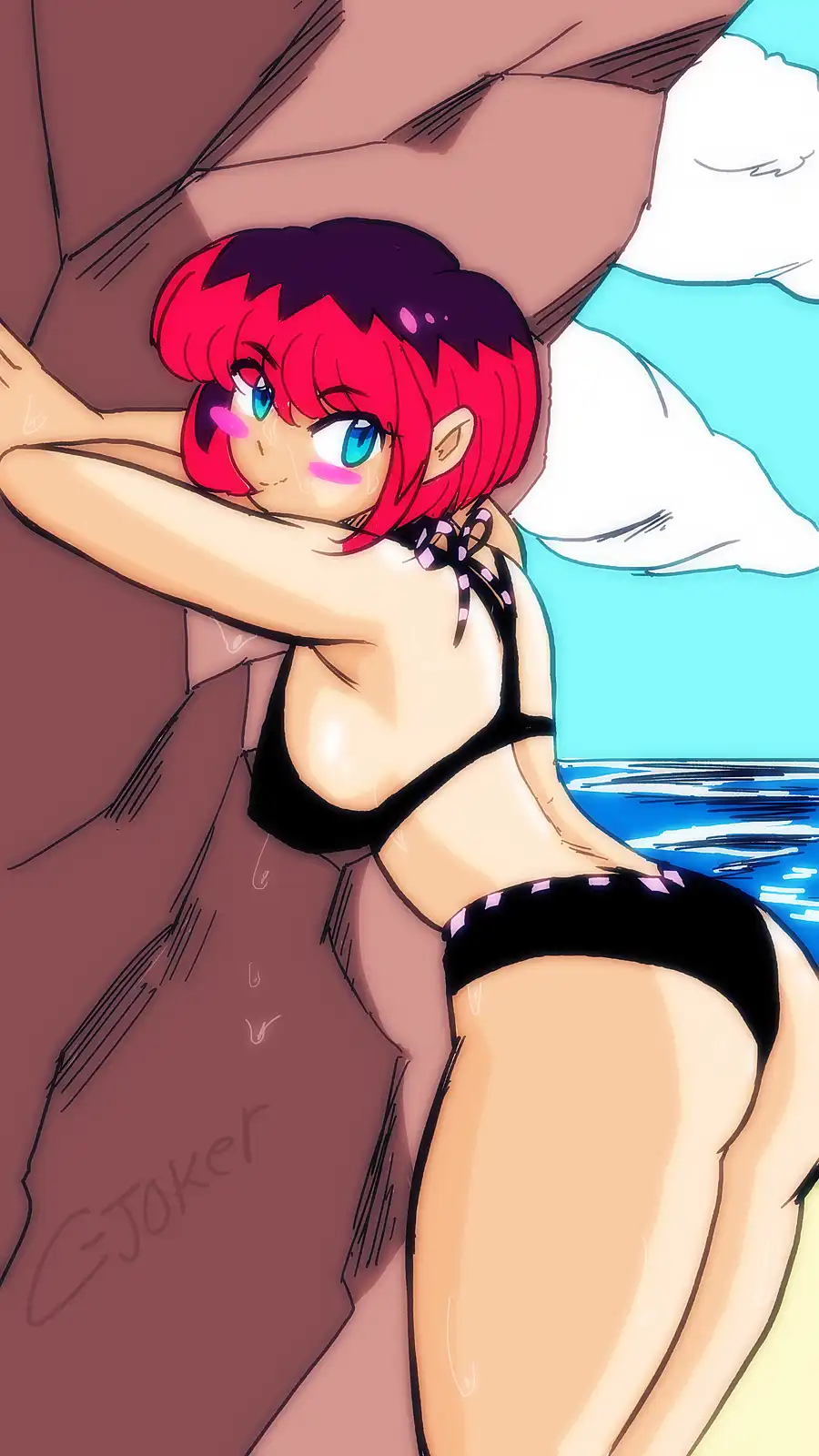 An anime-style illustration shows a red-haired girl in a black bikini leaning against a rock by the ocean, with sweat…