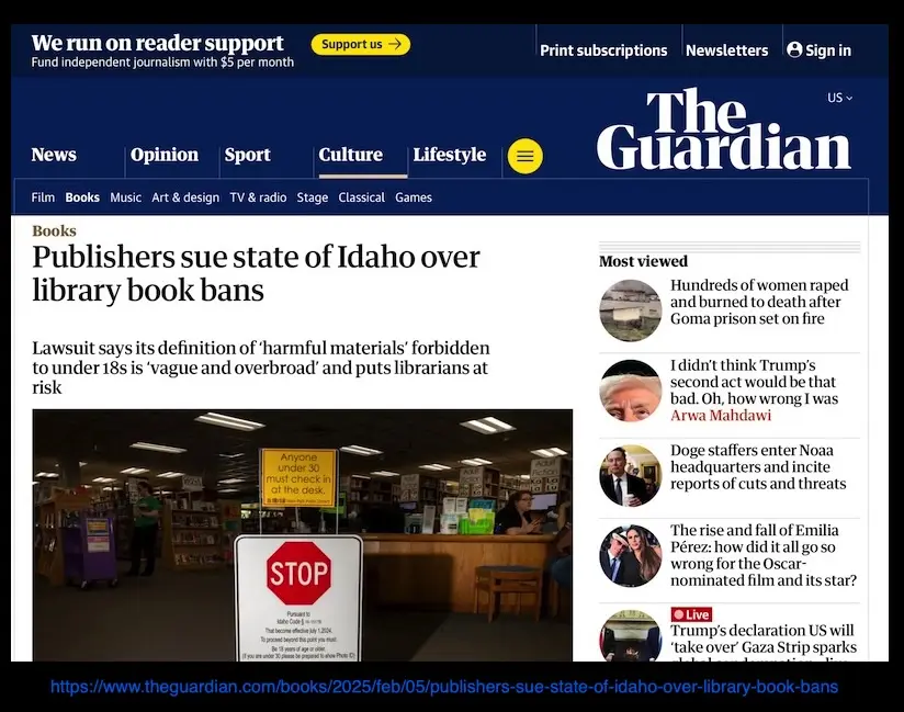 A screenshot of The Guardian's website showing a news article about publishers suing Idaho over library book bans. The image…