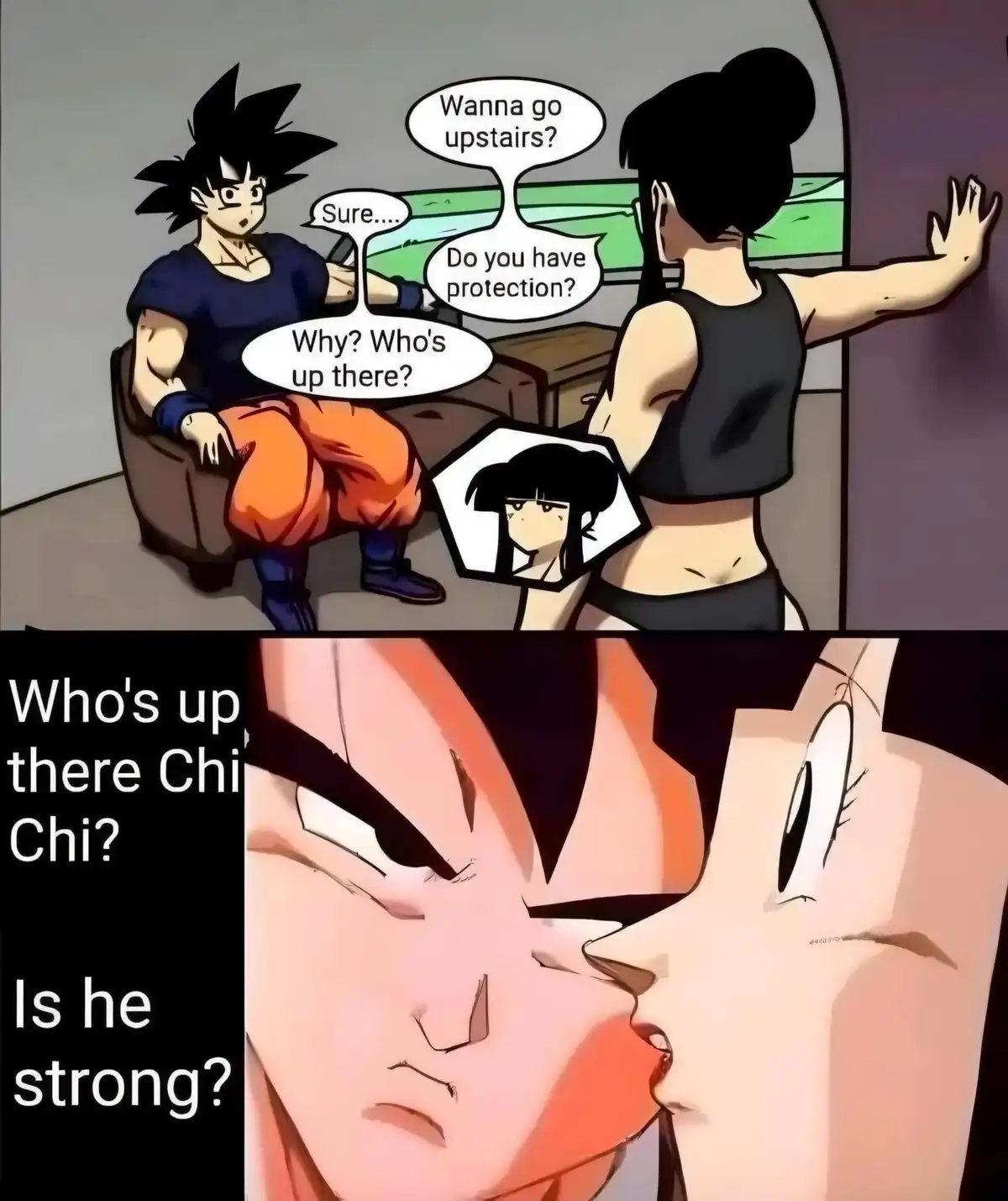 The top panel shows Goku sitting on a couch while Chi Chi asks him if he has protection before going upstairs, and he asks…
