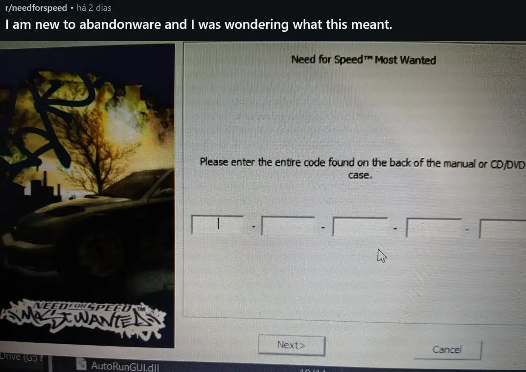 A screenshot of the 'Need for Speed Most Wanted' installation screen asking for a product code from the manual or CD/DVD…