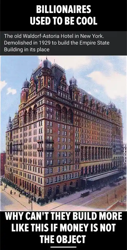 The image shows a vintage photograph of the ornate, historic Waldorf-Astoria Hotel in New York City, featuring its grand…