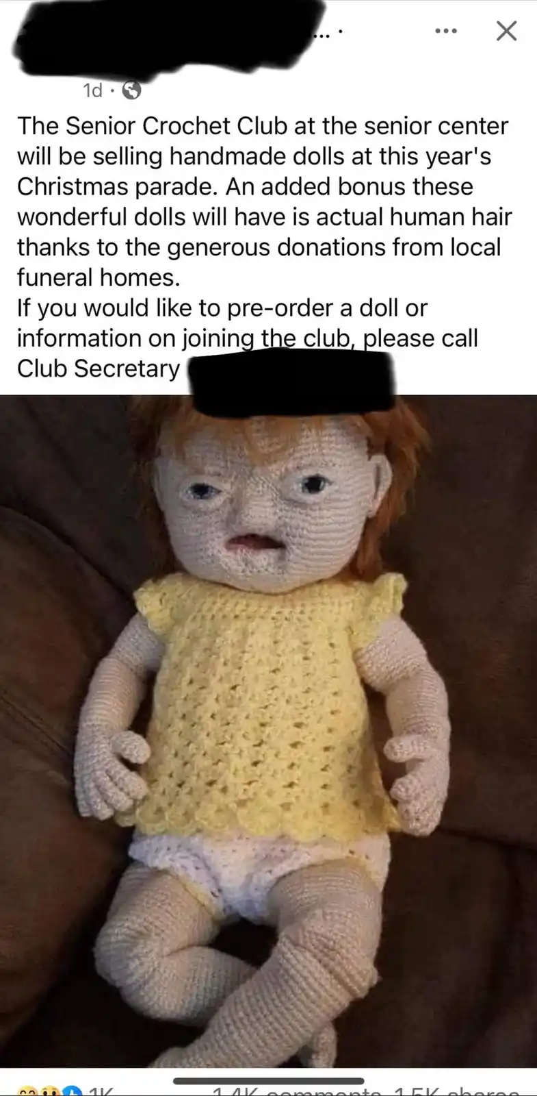 A poorly made crochet doll with a scowling, angry face and red yarn hair sits on a brown couch. The overlaid text is a fake…