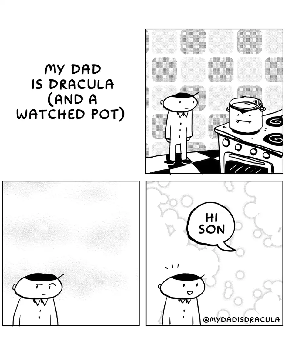 A four-panel comic strip shows a boy standing in a kitchen where a pot on the stove has fangs and a vampire face. The boy…