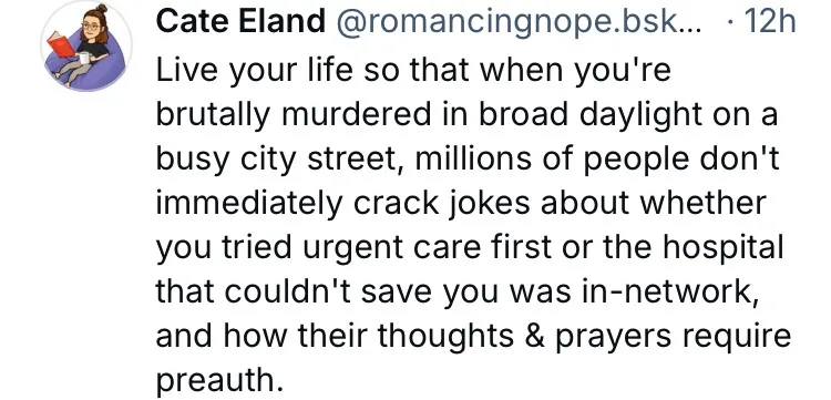 A screenshot of a tweet by Cate Eland (@romancingnope.bsk...) showing a cartoon avatar of a woman reading a book. The tweet…
