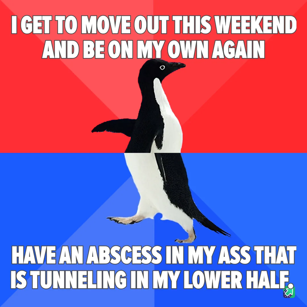 A penguin stands centered against a red and blue background, with white bold text above and below. The top text reads 'I GET…