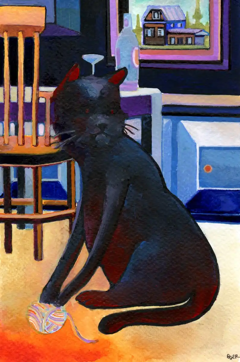 A stylized painting of a black cat sitting on a floor next to a ball of yarn, with a wooden chair and a bottle on a counter…